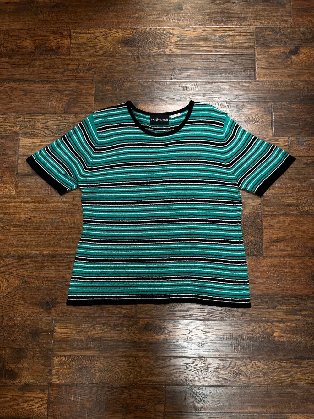 Vintage Sag Harbor Knit Top – Striped Turquoise and Black - Medium